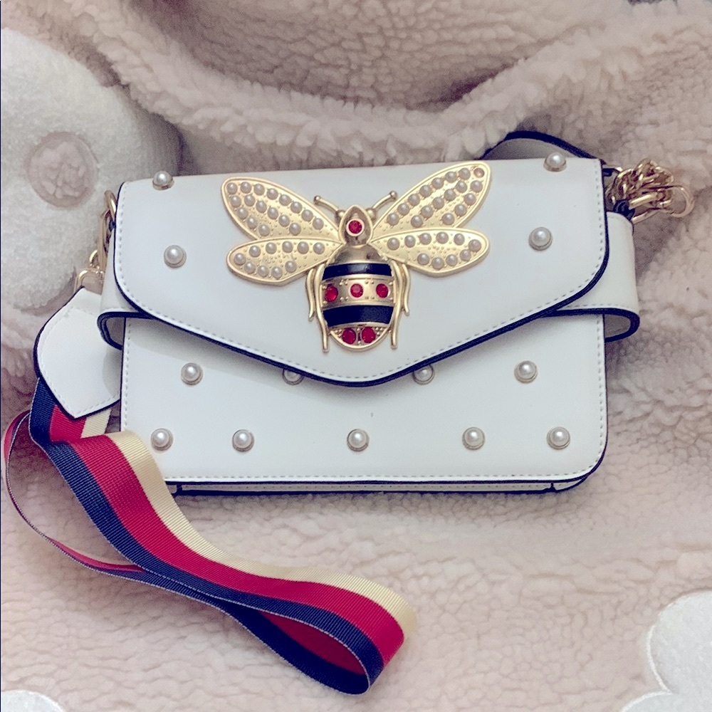 White Designer Crossbody Bag with Gold Bee Accent